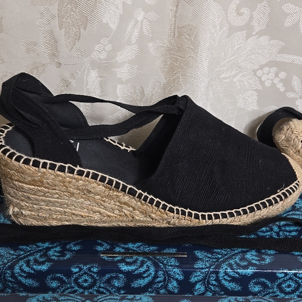 Impo Mai Tai Lace Up Black Espadrille Wedge Shoes with Woven Sole - Picture 2 of 8